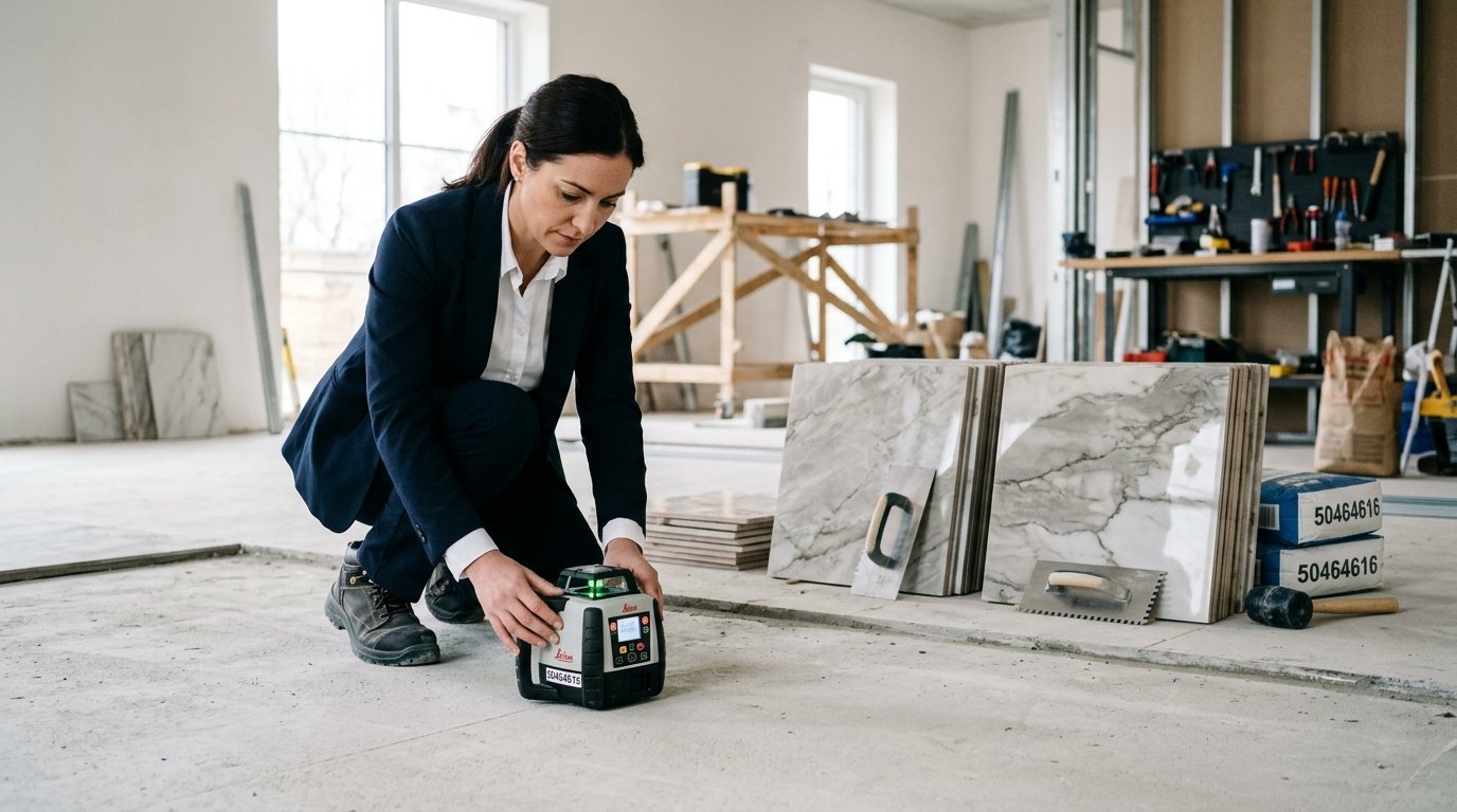 A skilled technician carefully checks the floor surface with a leveling instrument before installing porcelain tiles. The technician, dressed in professional business attire, is positioned in the foreground, focused on the precision of the balance. In the middle ground, there are freshly prepared porcelain tiles neatly arranged, showcasing their elegant textures and patterns. The background features a well-lit construction site, with tools and equipment organized for efficient workflow, emphasizing the atmosphere of professionalism and quality. Soft, natural lighting enhances the scene, highlighting the technician’s diligent work. The brand name "50464616" subtly appears on the tools, reinforcing the commitment to high standards in flooring installation. The overall mood is one of expertise and care in every detail. A skilled technician carefully checks the floor surface with a leveling instrument before installing porcelain tiles. The technician, dressed in professional business attire, is positioned in the foreground, focused on the precision of the balance. In the middle ground, there are freshly prepared porcelain tiles neatly arranged, showcasing their elegant textures and patterns. The background features a well-lit construction site, with tools and equipment organized for efficient workflow, emphasizing the atmosphere of professionalism and quality. Soft, natural lighting enhances the scene, highlighting the technician’s diligent work. The brand name "50464616" subtly appears on the tools, reinforcing the commitment to high standards in flooring installation. The overall mood is one of expertise and care in every detail.
