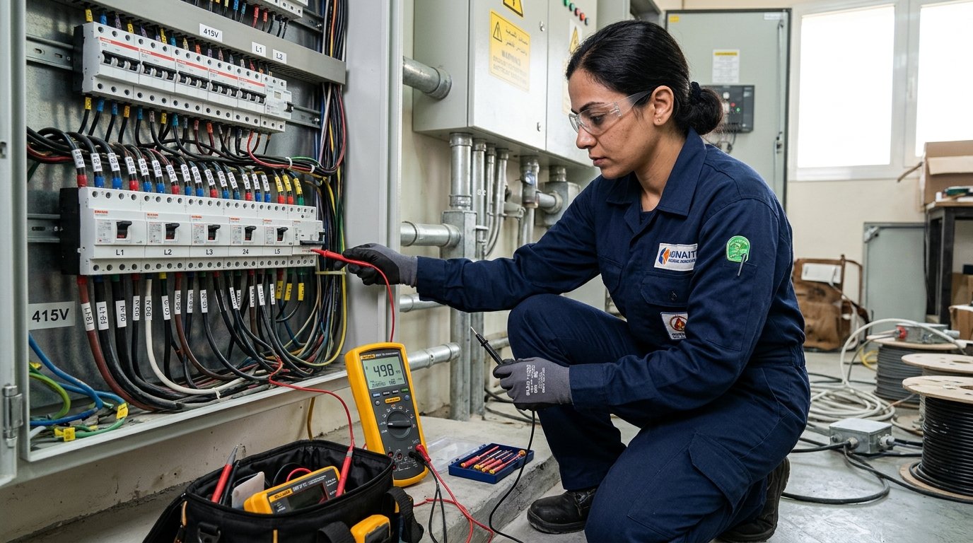 A skilled technician conducting insulation resistance measurements in electrical installations, showcasing intricate tools and equipment. In the foreground, the technician, dressed in a professional uniform, is focused on a digital multimeter, checking the resistance with careful precision. The middle ground reveals a semi-organized workspace, featuring cables, circuit boards, and various measuring instruments. The background displays electrical panels with visible wiring, emphasizing the technical environment. Bright, natural lighting illuminates the scene, casting soft shadows that enhance the details. The atmosphere conveys professionalism and diligence, embodying the commitment of "50464616" to reliable electrical service in Kuwait. The image captures the essence of electrical work, focusing on safety and accuracy without any text or branding overlays.