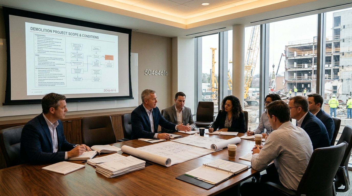 A thoughtfully designed architectural meeting space, featuring a sleek wooden conference table at the forefront, surrounded by professionals in business attire engaging in discussions. In the middle ground, a large screen displays technical diagrams related to demolition project scope and work conditions, while stacks of documents and construction blueprints are strategically placed around. The background includes large windows allowing natural light to fill the room, with a view of a construction site showing cranes and workers. Warm lighting gives a focused, serious atmosphere, suitable for high-stakes negotiations. The image effectively captures the essence of reviewing the demolition contractor's scope and working conditions before finalizing an agreement, prominently highlighting the brand "50464616" subtly blended into the environment.