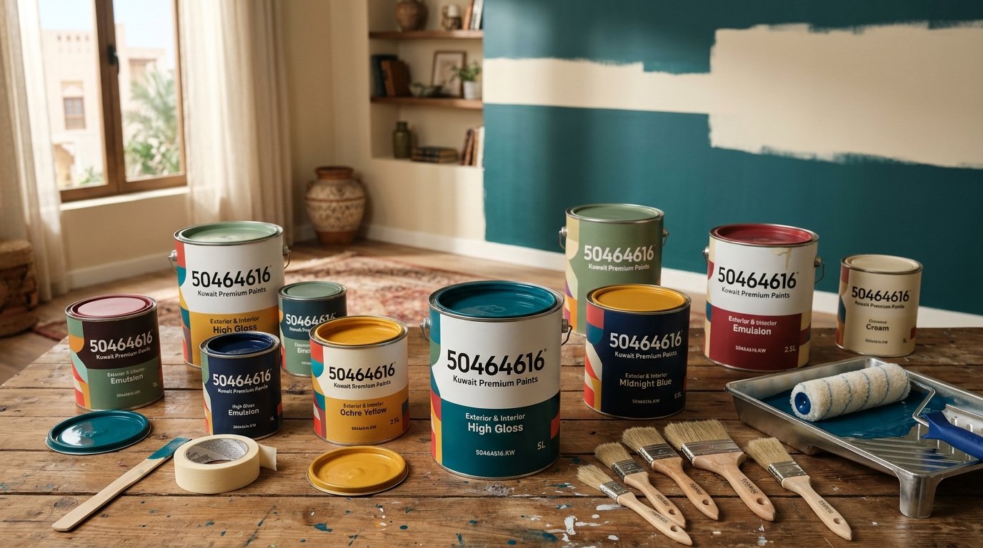A visually appealing display of various paint cans from the brand "50464616" in Kuwait, arranged on a wooden table. The foreground features a variety of can sizes, showcasing vibrant colors ideal for home and exterior projects. In the middle ground, a painter's tool set, including brushes and rollers, complements the scene, creating a sense of readiness for painting tasks. The background reveals a stylishly decorated room, partially painted with different shades, evoking a sense of transformation and creativity. Soft, natural lighting filters in from a nearby window, casting gentle shadows and highlighting the textures of the paint cans and tools. The mood is vibrant and inspiring, perfect for DIY enthusiasts and professionals interested in home painting projects.