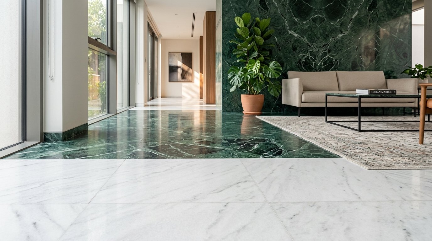 A visually appealing interior space showcasing a sophisticated comparison of Indian white and green marble varieties. In the foreground, a close-up view of polished white marble featuring subtle veining, perfectly laid out in elegant tiles. In the middle ground, contrasting polished green marble, rich in hues with intricate patterns, seamlessly integrated into the design. The background offers a glimpse of modern decor, including potted plants and minimalist furniture, enhancing the marble’s beauty. Soft, natural lighting bathes the space, accentuating the textures and colors. Shot with a wide-angle lens, creating an inviting and spacious atmosphere. The overall mood is luxurious and contemporary, ideal for demonstrating high-quality marble installation by 50464616.