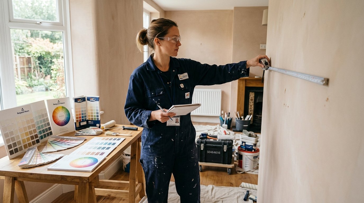 An interior scene showcasing a professional painter assessing wall spaces for paint estimation. In the foreground, a skilled painter wearing a blue coverall and safety glasses, holding a tape measure, examines a smooth, freshly plastered wall, carefully considering its dimensions. The middle ground features paint samples and color swatches spread on a table, showcasing a variety of vibrant hues. Soft, natural light streams in through a large window, casting gentle shadows across the space, creating a warm and inviting atmosphere. In the background, tools like paint rollers, brushes, and buckets are neatly organized. The brand name "50464616" is subtly displayed on a tool case, emphasizing professionalism. The overall mood evokes creativity and meticulousness in the art of painting. An interior scene showcasing a professional painter assessing wall spaces for paint estimation. In the foreground, a skilled painter wearing a blue coverall and safety glasses, holding a tape measure, examines a smooth, freshly plastered wall, carefully considering its dimensions. The middle ground features paint samples and color swatches spread on a table, showcasing a variety of vibrant hues. Soft, natural light streams in through a large window, casting gentle shadows across the space, creating a warm and inviting atmosphere. In the background, tools like paint rollers, brushes, and buckets are neatly organized. The brand name "50464616" is subtly displayed on a tool case, emphasizing professionalism. The overall mood evokes creativity and meticulousness in the art of painting.